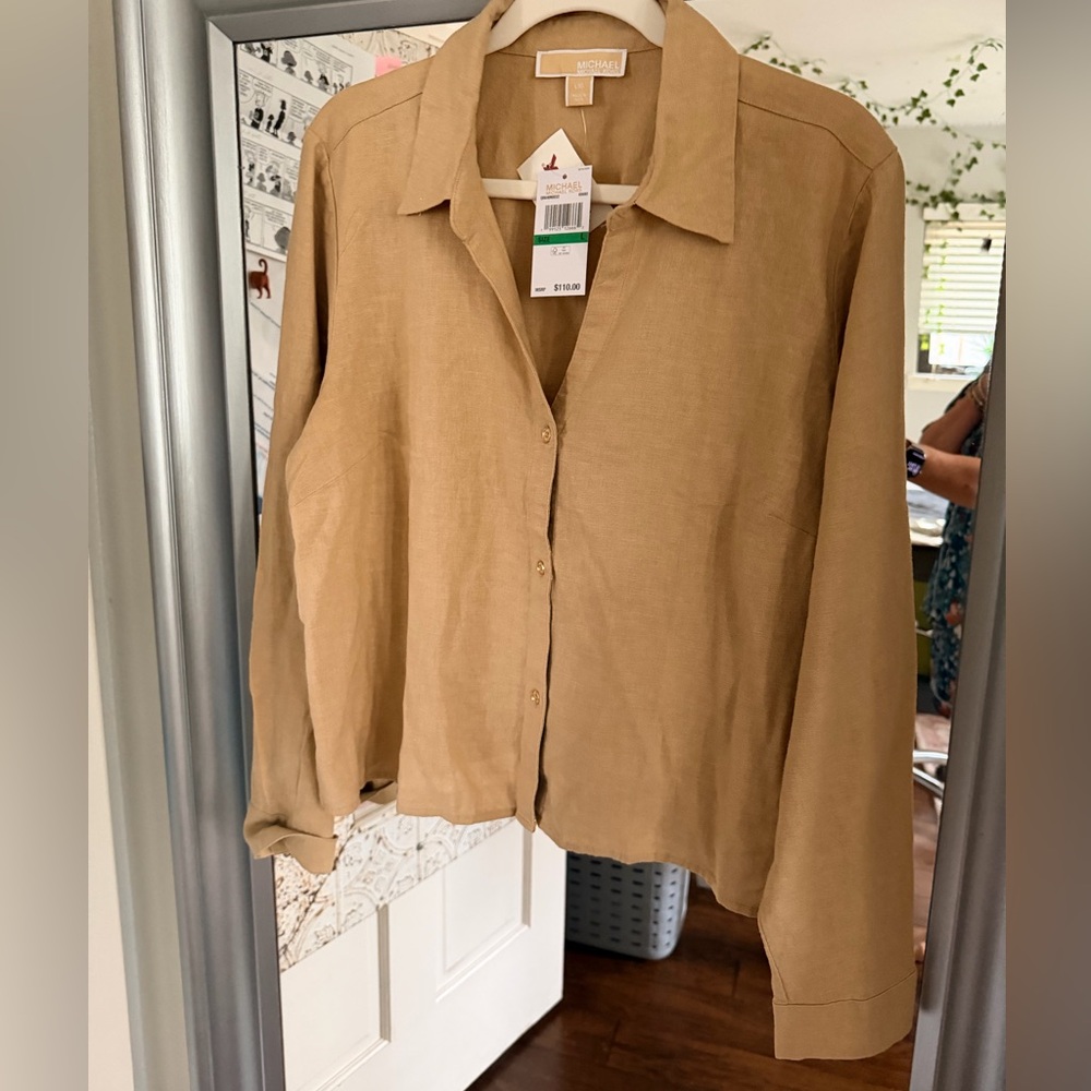 Michael Kors Linen blend khaki button front shirt, size Large - NWT